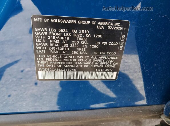 1V2DE2CA8SC216746 2025 VOLKSWAGEN ATLAS Blue VIN sticker view