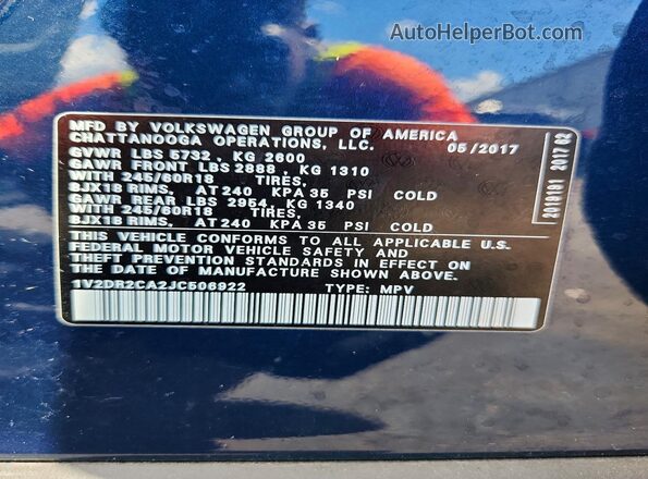 1V2DR2CA2JC506922 2018 VOLKSWAGEN ATLAS Black Widok naklejki z numerem VIN