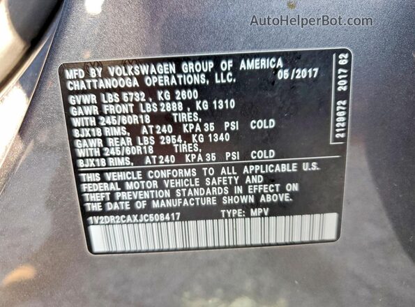 1V2DR2CAXJC508417 2018 VOLKSWAGEN ATLAS Gray Widok naklejki z numerem VIN