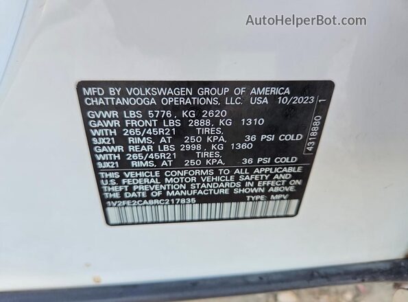 1V2FE2CA8RC217835 2024 VOLKSWAGEN ATLAS White VIN կոդի պիտակի տեսք