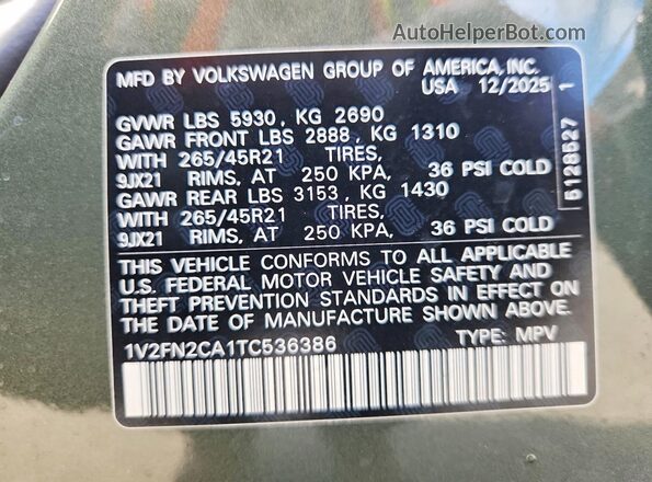 1V2FN2CA1TC536386 2026 VOLKSWAGEN ATLAS Green Панорамний вид салону 360°