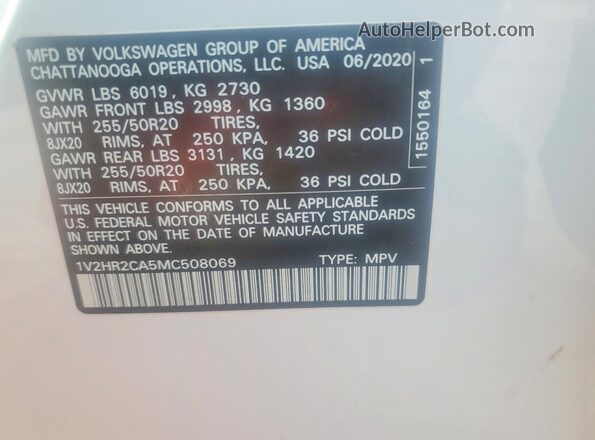 1V2HR2CA5MC508069 2021 VOLKSWAGEN ATLAS Белый Вид наклейки с VIN-кодом