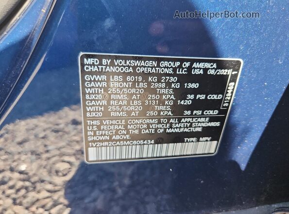 1V2HR2CA5MC605434 2021 VOLKSWAGEN ATLAS Синий Вид наклейки с VIN-кодом