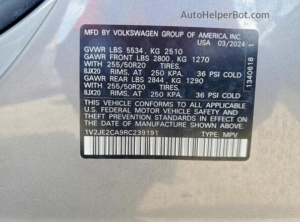 1V2JE2CA9RC239191 2024 VOLKSWAGEN ATLAS Silver Vista interior de 360 grados