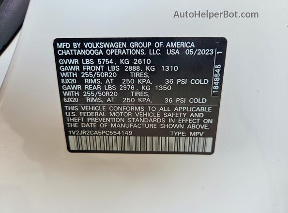 1V2JR2CA5PC554149 2023 VOLKSWAGEN ATLAS Белый Вид наклейки с VIN-кодом