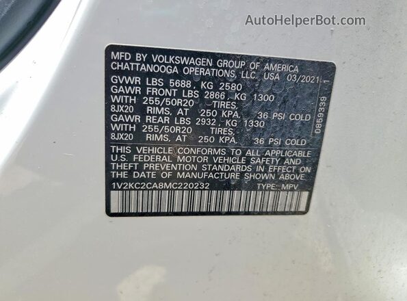 1V2KC2CA8MC220232 2021 VOLKSWAGEN ATLAS White VIN sticker view