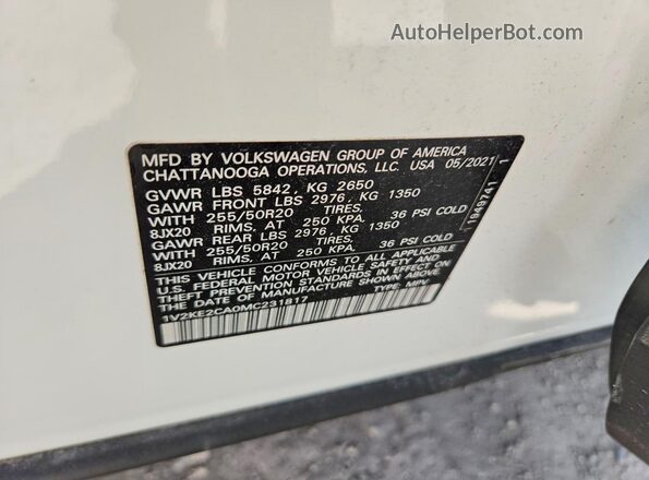 1V2KE2CA0MC231817 2021 VOLKSWAGEN ATLAS White Widok wnętrza 360 stopni