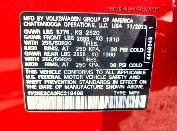 1V2KE2CA3RC219488 2024 VOLKSWAGEN ATLAS Red VIN sticker view