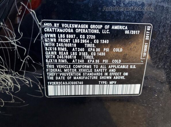 1V2KR2CA3JC505740 2018 VOLKSWAGEN ATLAS Black VIN კოდის სტიკერის ხედი