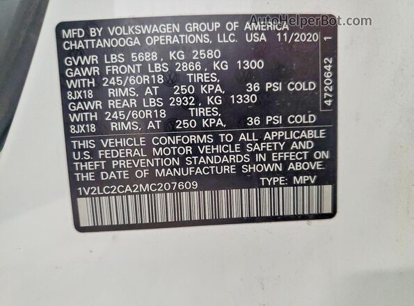 1V2LC2CA2MC207609 2021 VOLKSWAGEN ATLAS White Панорамний вид салону 360°