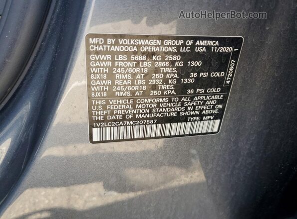 1V2LC2CA7MC207587 2021 VOLKSWAGEN ATLAS Серый Вид наклейки с VIN-кодом