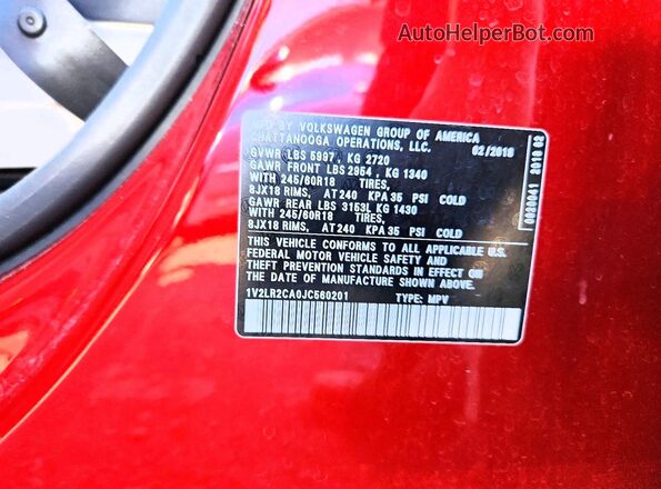1V2LR2CA0JC560201 2018 VOLKSWAGEN ATLAS Red VIN კოდის სტიკერის ხედი