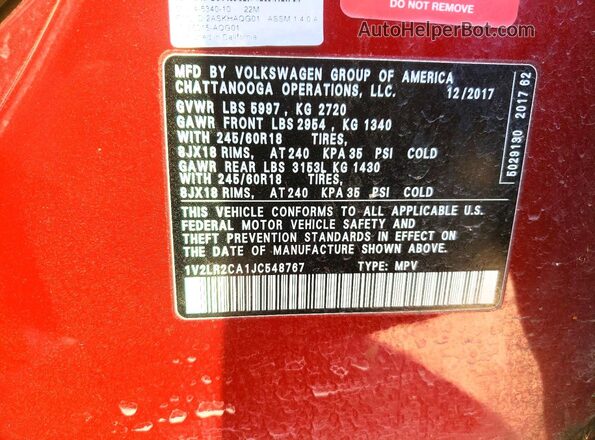 1V2LR2CA1JC548767 2018 VOLKSWAGEN ATLAS Red Vista de la etiqueta del VIN