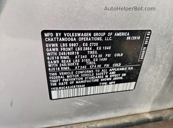1V2LR2CA2JC573340 2018 VOLKSWAGEN ATLAS Серебряный Вид наклейки с VIN-кодом