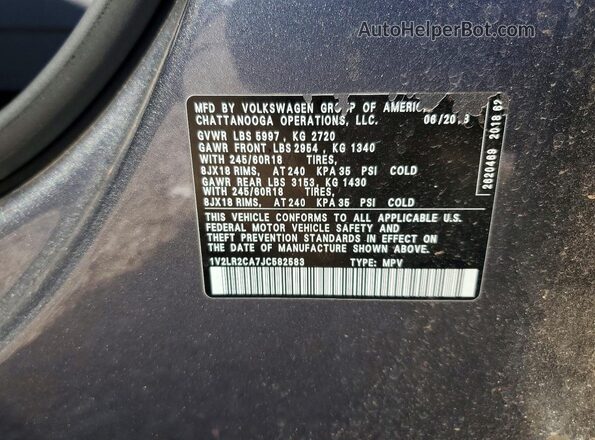 1V2LR2CA7JC582583 2018 VOLKSWAGEN ATLAS Gray Widok naklejki z numerem VIN