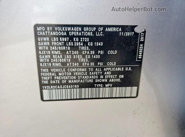1V2LR2CAXJC543163 2018 VOLKSWAGEN ATLAS Серебряный Панорамный вид салона 360°