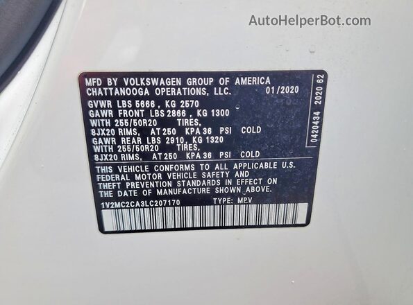 1V2MC2CA3LC207170 2020 VOLKSWAGEN ATLAS White Вид наклейки з VIN-кодом