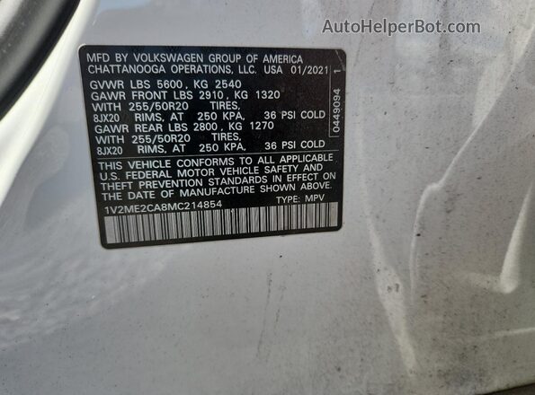 1V2ME2CA8MC214854 2021 VOLKSWAGEN ATLAS White VIN sticker view