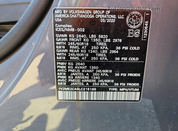 1V2ME2CA9LC215185 2020 VOLKSWAGEN ATLAS Gray Widok naklejki z numerem VIN