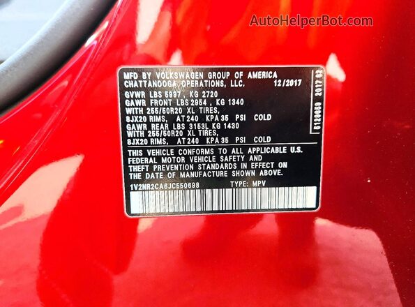 1V2NR2CA6JC550698 2018 VOLKSWAGEN ATLAS Красный Вид наклейки с VIN-кодом