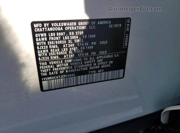 1V2NR2CA7JC560642 2018 VOLKSWAGEN ATLAS White VIN sticker view