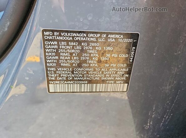 1V2RE2CA4MC203968 2021 VOLKSWAGEN ATLAS Gray Vista de la etiqueta del VIN