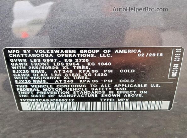 1V2RR2CA8JC559212 2018 VOLKSWAGEN ATLAS Gray Widok naklejki z numerem VIN