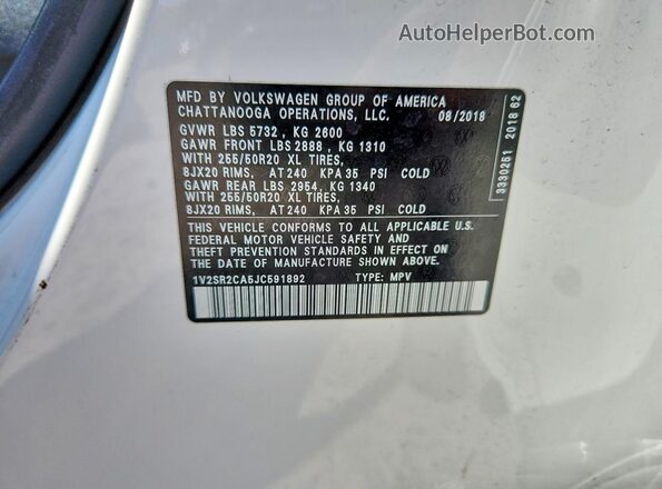 1V2SR2CA5JC591892 2018 VOLKSWAGEN ATLAS White Widok wnętrza 360 stopni