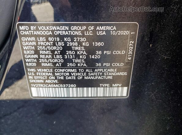 1V2TR2CA5MC537260 2021 VOLKSWAGEN ATLAS Black Vista de la etiqueta del VIN