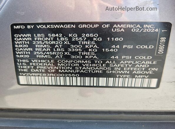 1V2VRPE83RC002550 2024 VOLKSWAGEN ID.4 Gray VIN კოდის სტიკერის ხედი