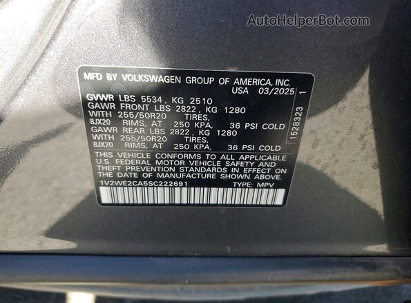 1V2WE2CA5SC222691 2025 VOLKSWAGEN ATLAS Charcoal Вид наклейки з VIN-кодом