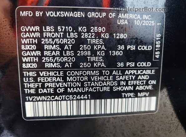 1V2WN2CA0TC524441 2026 VOLKSWAGEN ATLAS Black Vista de la etiqueta del VIN