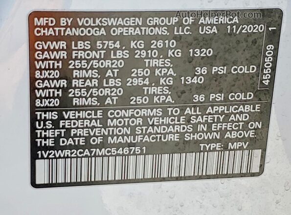 1V2WR2CA7MC546751 2021 VOLKSWAGEN ATLAS White VIN sticker view
