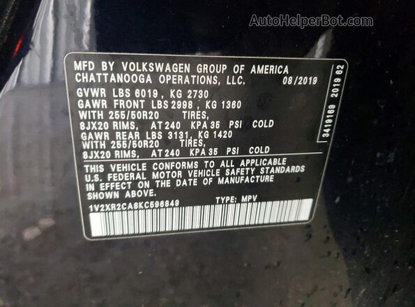 1V2XR2CA8KC596849 2019 VOLKSWAGEN ATLAS Black Widok naklejki z numerem VIN