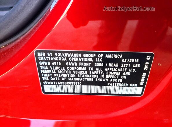 1VWAT7A33GC033870 2016 VOLKSWAGEN PASSAT Red Widok komory silnika