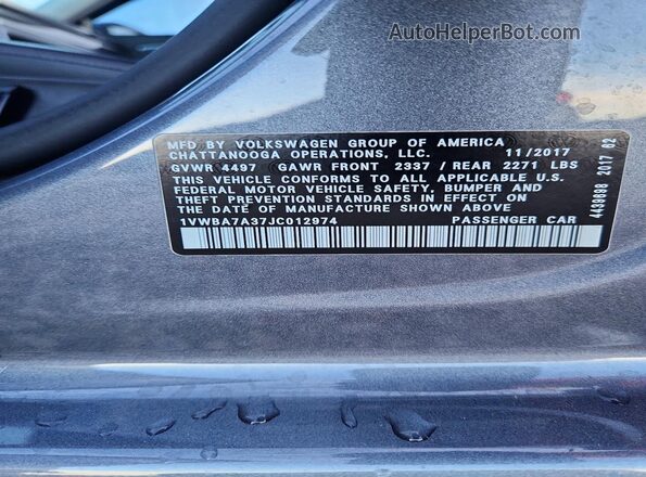1VWBA7A37JC012974 2018 VOLKSWAGEN PASSAT Gray VIN კოდის სტიკერის ხედი
