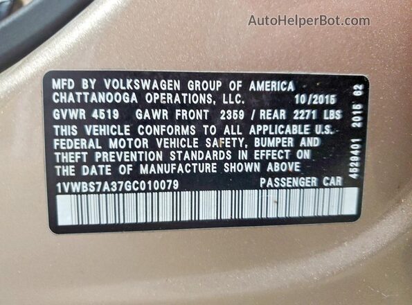 1VWBS7A37GC010079 2016 VOLKSWAGEN PASSAT Tan Widok naklejki z numerem VIN