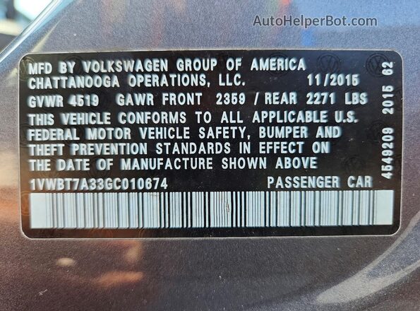 1VWBT7A33GC010674 2016 VOLKSWAGEN PASSAT Gray Widok komory silnika