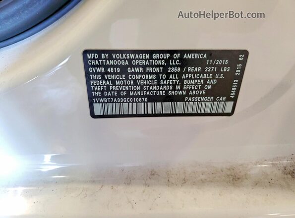 1VWBT7A33GC010870 2016 VOLKSWAGEN PASSAT White ძრავის განყოფილების ხედი
