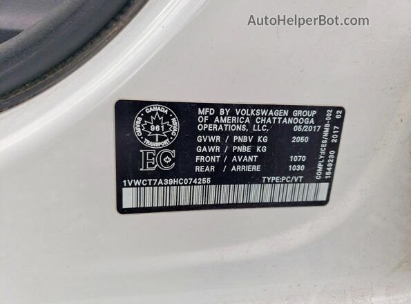 1VWCT7A39HC074255 2017 VOLKSWAGEN PASSAT White Вид підкапотного простору