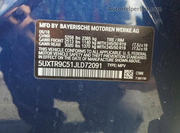 5UXTR9C51JLD72091 2018 BMW X3 Blue სალონის 360-გრადუსიანი ხედი