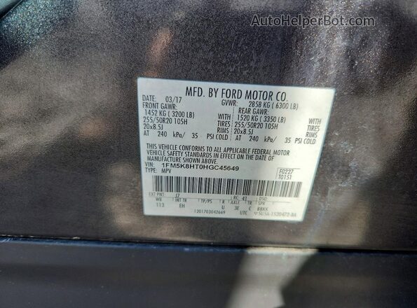 1FM5K8HT0HGC45649 2017 FORD EXPLORER Gray VIN sticker view