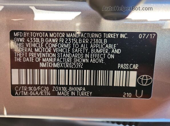 NMTKHMBX1JR025392 2018 TOYOTA C-HR Silver VIN კოდის სტიკერის ხედი