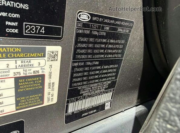SALWZ2RE6NA221638 2022 LAND ROVER RANGE Silver Вид наклейки з VIN-кодом