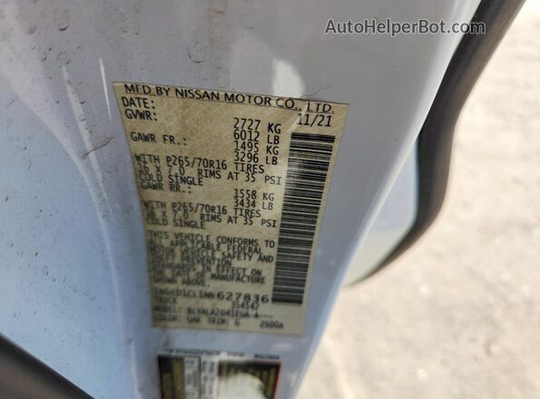 1N6ED1CL1NN627836 2022 NISSAN FRONTIER White VIN კოდის სტიკერის ხედი