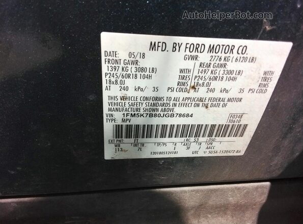 1FM5K7B80JGB78684 2018 FORD EXPLORER Угольный Панорамный вид салона 360°