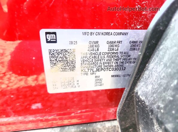 KL77LJEP0TC030312 2026 CHEVROLET TRAX Красный Вид наклейки с VIN-кодом