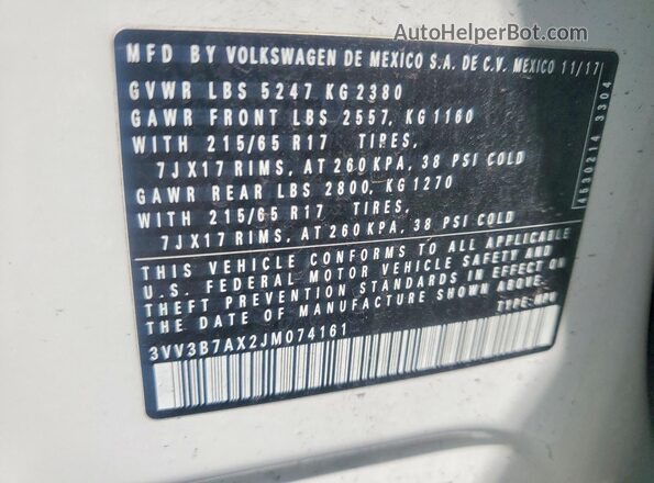 3VV3B7AX2JM074161 2018 VOLKSWAGEN TIGUAN White Widok wnętrza 360 stopni