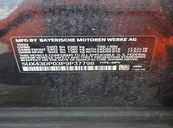 5UX43DP03P9P37798 2023 BMW X3 Charcoal Widok naklejki z numerem VIN