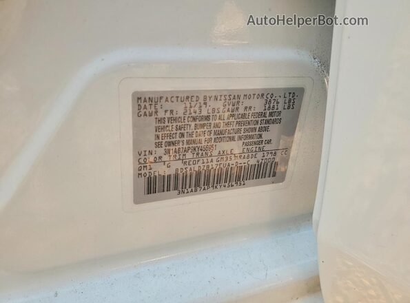 3N1AB7AP9KY456951 2019 NISSAN SENTRA White Vista de la etiqueta del VIN